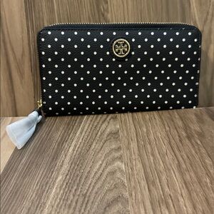 Tory Burch Kerrington Zip Continental Mini Polka Dot Black White Wallet L NWT